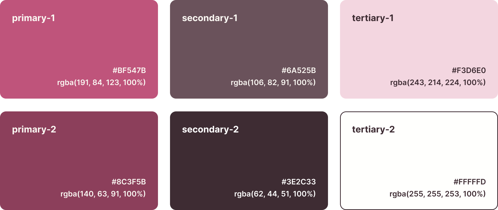 Colour palette shown as six rectangles, top left dusty pink, top center soft blush, top right muted brown, bottom left deep rose, bottom center light pink, and bottom right dark plum brown.