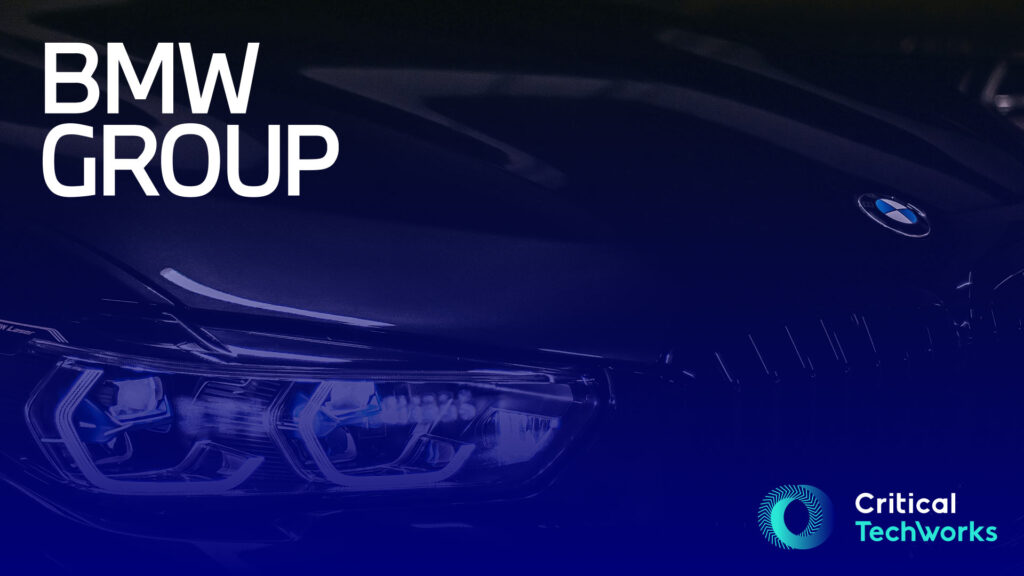 BMW car front close-up showing headlights and grille with blue overlay, used as a visual cover for the BMW Density Design System case study. The image includes the text “BMW Group” and the Critical TechWorks logo