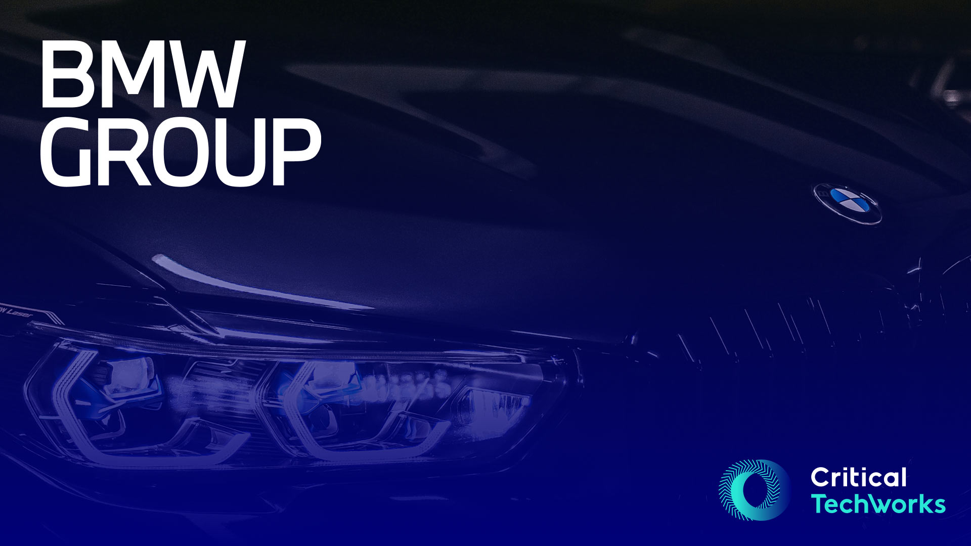 BMW car front close-up showing headlights and grille with blue overlay, used as a visual cover for the BMW Density Design System case study. The image includes the text “BMW Group” and the Critical TechWorks logo