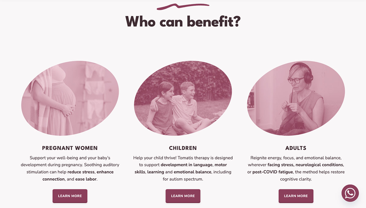 Section titled “Who can benefit?” presenting three groups: pregnant women, children, and adults, each with a short description of therapy benefits and a “Learn more” button.