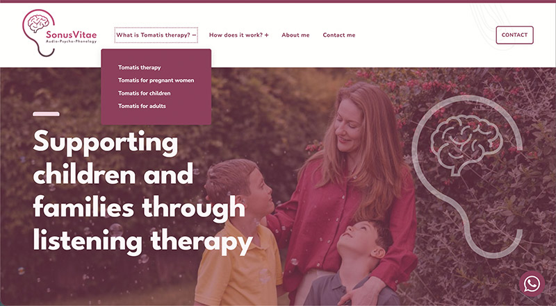 Sonus Vitae homepage hero section showing a woman with two children outdoors, overlaid with the text “Supporting children and families through listening therapy,” navigation menu at top, and a subtle ear and brain graphic on the right.