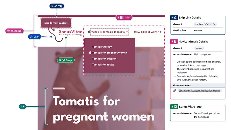 The part of website design with the marked annotations such as landmarks, headings, links in Figma