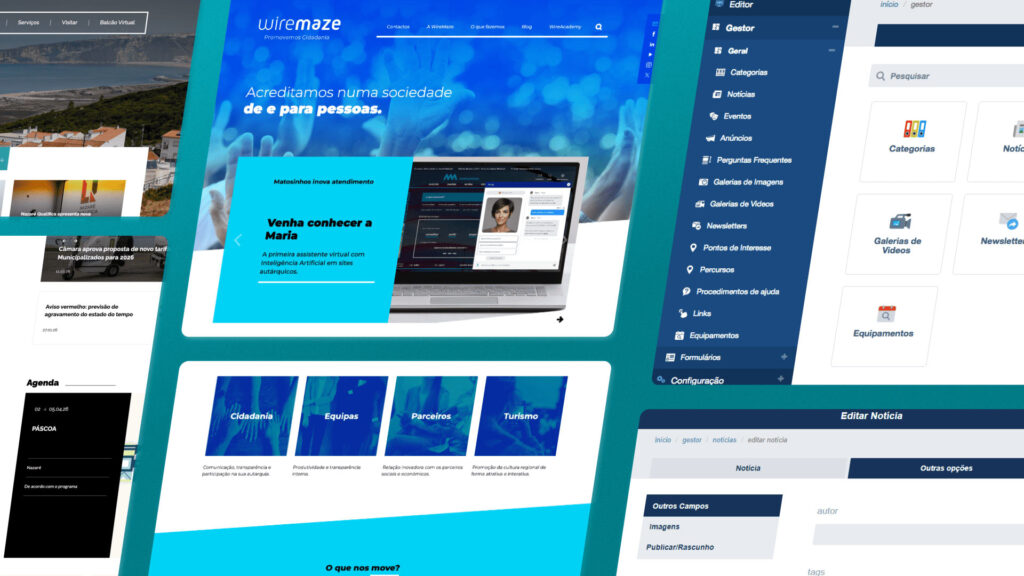 Mockup showing websites created with wireStudio and wireStudio interface, a dashboard with editable categories, news, etc. All interface and websites are in Portuguese.